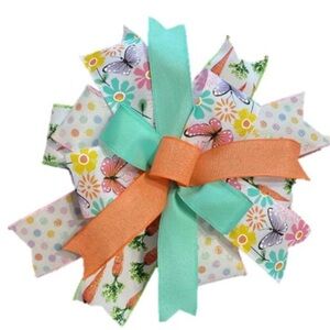 Spring Floral Butterfly Wreath Lantern Bow with Mint & Coral Ribbons
